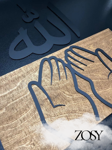 Wanddeko Allah-Schriftzug und Betende Hände-Motiv, aus Holz-Acrylglas